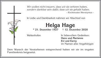Traueranzeige von Helga Hage von Allgäuer Zeitung,Kempten