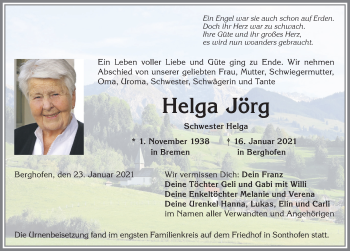 Traueranzeige von Helga Jörg von Allgäuer Anzeigeblatt