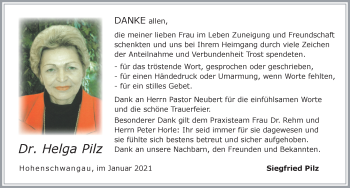 Traueranzeige von Helga Pilz von Allgäuer Zeitung, Füssen