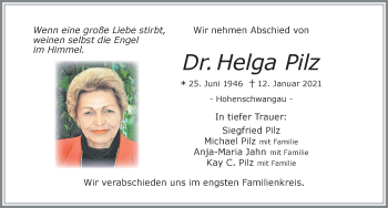 Traueranzeige von Helga Pilz von Allgäuer Zeitung, Füssen