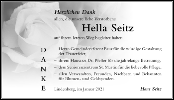 Traueranzeige von Hella Seitz von Der Westallgäuer