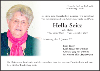 Traueranzeige von Hella Seitz von Der Westallgäuer