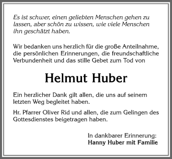 Traueranzeige von Helmut Huber von Allgäuer Zeitung, Marktoberdorf