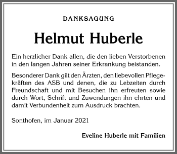 Traueranzeige von Helmut Huberle von Allgäuer Anzeigeblatt