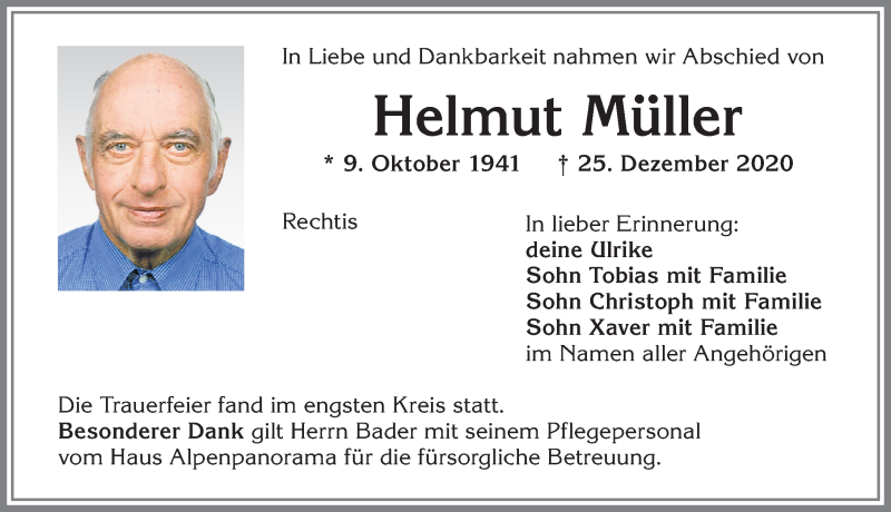  Traueranzeige für Helmut Müller vom 09.01.2021 aus Allgäuer Zeitung,Kempten