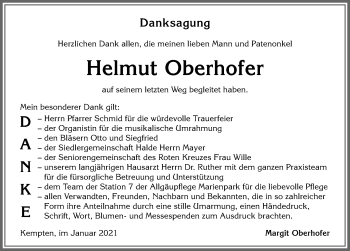 Traueranzeige von Helmut Oberhofer von Allgäuer Zeitung,Kempten