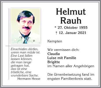 Traueranzeige von Helmut Rauh von Allgäuer Zeitung,Kempten