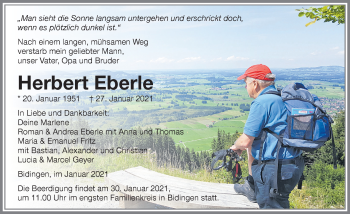Traueranzeige von Herbert Eberle von Allgäuer Zeitung, Marktoberdorf