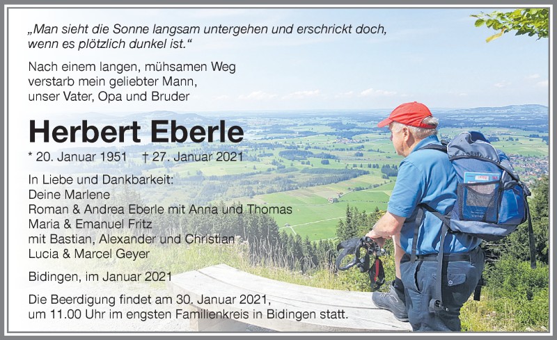  Traueranzeige für Herbert Eberle vom 30.01.2021 aus Allgäuer Zeitung, Marktoberdorf