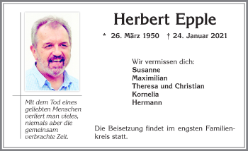 Traueranzeige von Herbert Epple von Allgäuer Zeitung,Kempten
