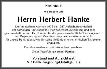 Traueranzeige von Herbert Hanke von Allgäuer Zeitung, Marktoberdorf
