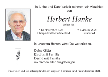 Traueranzeige von Herbert Hanke von Allgäuer Zeitung, Marktoberdorf