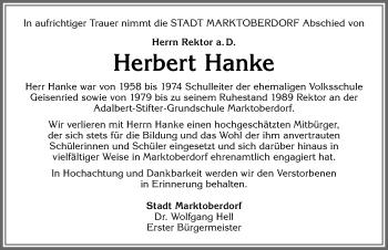 Traueranzeige von Herbert Hanke von Allgäuer Zeitung, Marktoberdorf