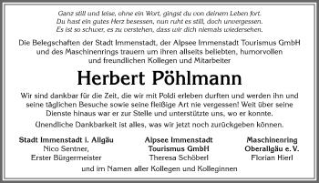 Traueranzeige von Herbert Pöhlmann von Allgäuer Anzeigeblatt