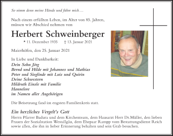 Traueranzeige von Herbert Schweinberger von Der Westallgäuer