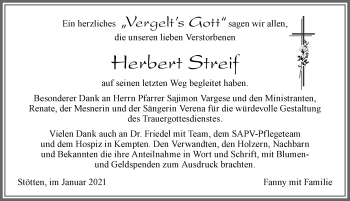 Traueranzeige von Herbert Streif von Allgäuer Zeitung, Marktoberdorf