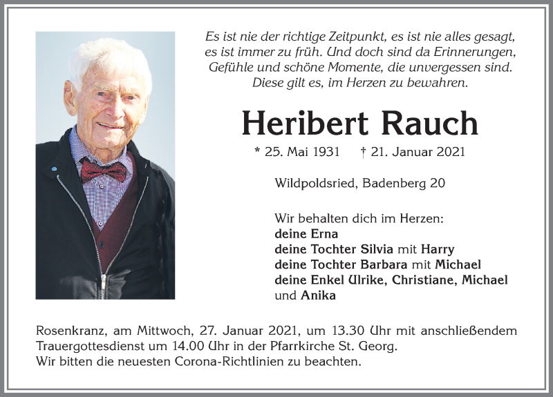  Traueranzeige für Heribert Rauch vom 25.01.2021 aus Allgäuer Zeitung,Kempten