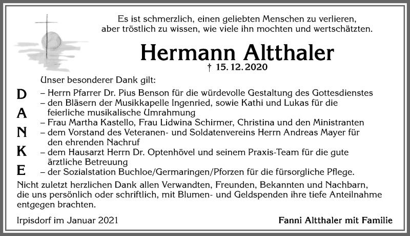  Traueranzeige für Hermann Altthaler vom 16.01.2021 aus Allgäuer Zeitung, Kaufbeuren/Buchloe