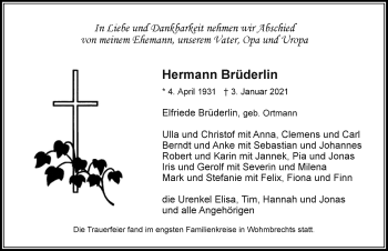 Traueranzeige von Hermann Brüderlin von Der Westallgäuer