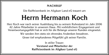 Traueranzeige von Hermann Koch von Allgäuer Zeitung,Kempten