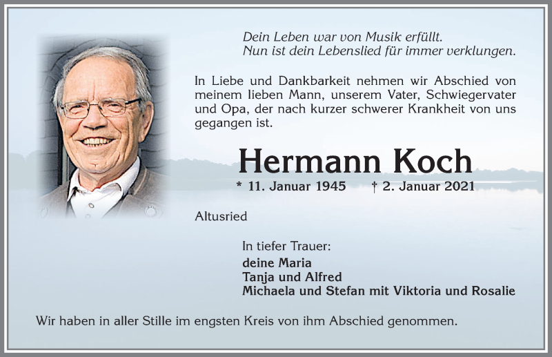  Traueranzeige für Hermann Koch vom 09.01.2021 aus Allgäuer Zeitung,Kempten