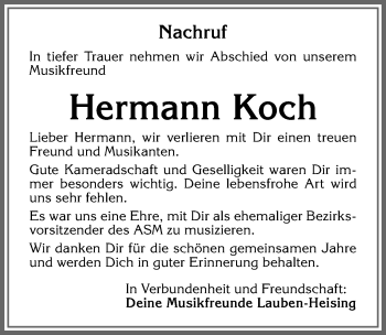 Traueranzeige von Hermann Koch von Allgäuer Zeitung,Kempten