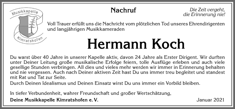  Traueranzeige für Hermann Koch vom 09.01.2021 aus Allgäuer Zeitung,Kempten