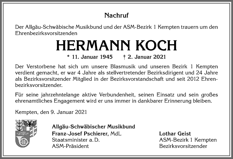  Traueranzeige für Hermann Koch vom 09.01.2021 aus Allgäuer Zeitung,Kempten