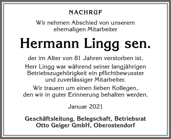 Traueranzeige von Hermann Lingg von Allgäuer Zeitung
