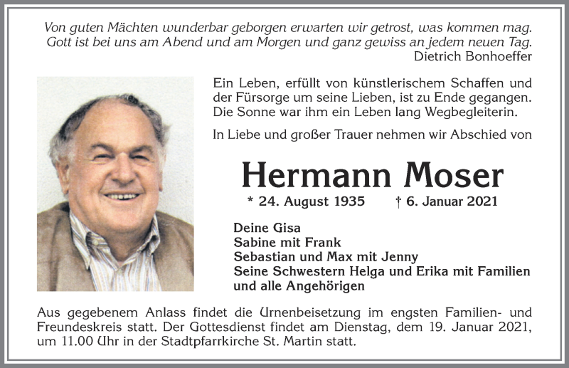  Traueranzeige für Hermann Moser vom 12.01.2021 aus Allgäuer Zeitung, Kaufbeuren/Buchloe