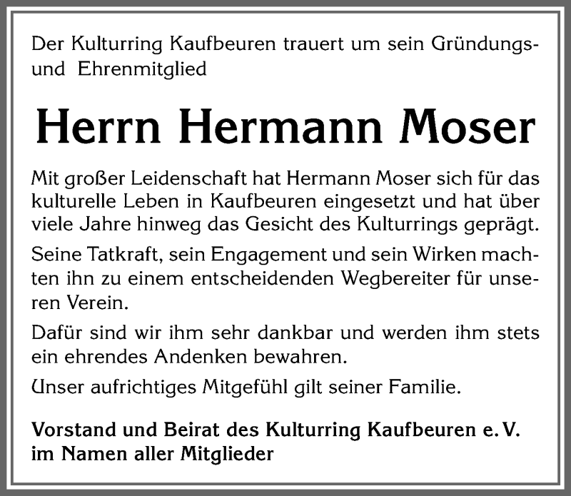  Traueranzeige für Hermann Moser vom 14.01.2021 aus Allgäuer Zeitung, Kaufbeuren/Buchloe