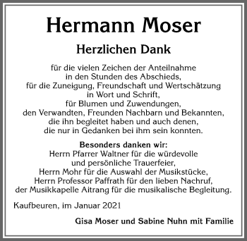 Traueranzeige von Hermann Moser von Allgäuer Zeitung, Kaufbeuren/Buchloe