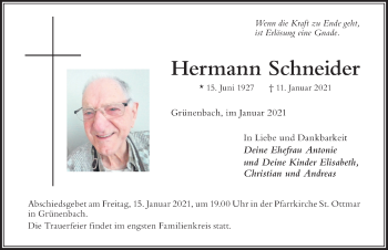 Traueranzeige von Hermann Schneider von Der Westallgäuer
