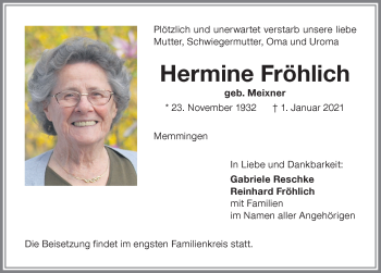 Traueranzeige von Hermine Fröhlich von Memminger Zeitung