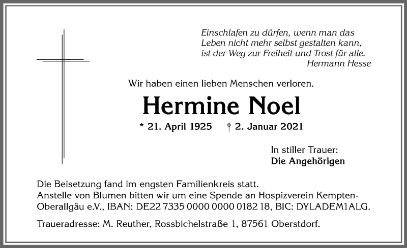  Traueranzeige für Hermine Noel vom 16.01.2021 aus Allgäuer Zeitung,Kempten