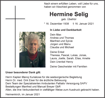 Traueranzeige von Hermine Selig von Der Westallgäuer