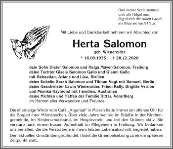 Traueranzeige von Herta Salomon von Allgäuer Anzeigeblatt