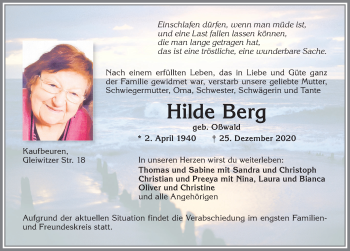 Traueranzeige von Hilde Berg von Allgäuer Zeitung, Kaufbeuren/Buchloe