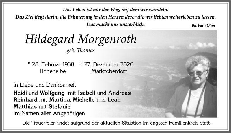  Traueranzeige für Hildegard Morgenroth vom 09.01.2021 aus Allgäuer Zeitung, Marktoberdorf