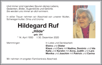 Traueranzeige von Hildegard Ruf von Memminger Zeitung