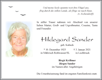 Traueranzeige von Hildegard Sander von Allgäuer Zeitung, Marktoberdorf