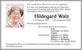 Traueranzeige von Hildegard Walz von Allgäuer Zeitung,Kempten