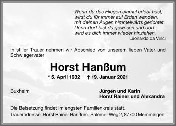 Traueranzeige von Horst Hanßum von Memminger Zeitung
