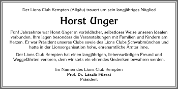 Traueranzeige von Horst Unger von Allgäuer Zeitung,Kempten