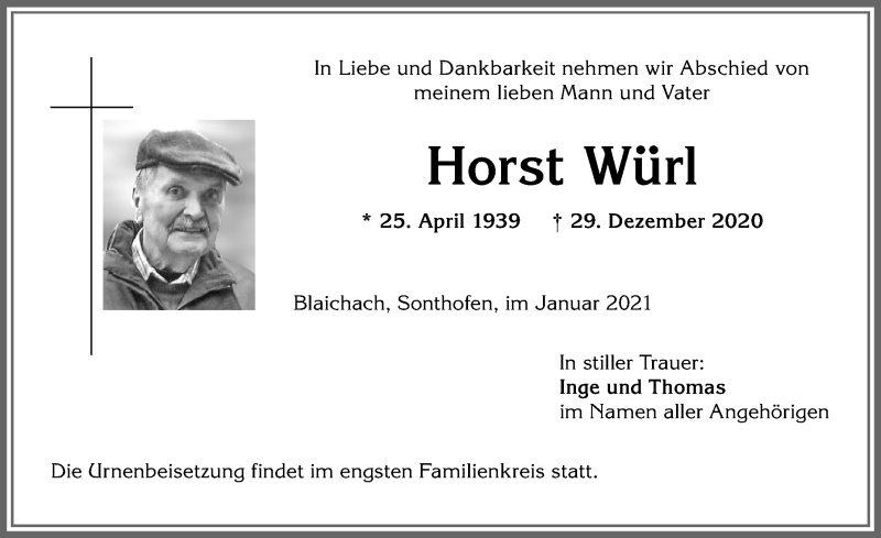  Traueranzeige für Horst Würl vom 07.01.2021 aus Allgäuer Anzeigeblatt