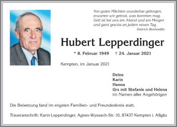 Traueranzeige von Hubert Lepperdinger von Allgäuer Zeitung,Kempten