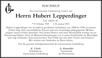 Traueranzeige von Hubert Lepperdinger von Der Westallgäuer