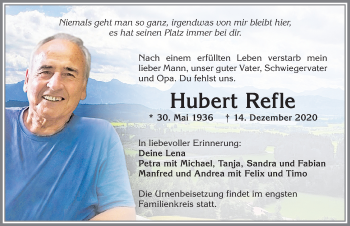 Traueranzeige von Hubert Refle von Allgäuer Zeitung, Kaufbeuren/Buchloe