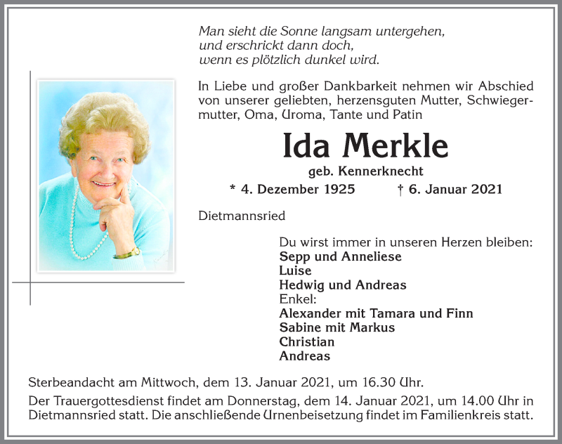  Traueranzeige für Ida Merkle vom 12.01.2021 aus Allgäuer Zeitung,Kempten
