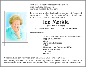 Traueranzeige von Ida Merkle von Allgäuer Zeitung,Kempten